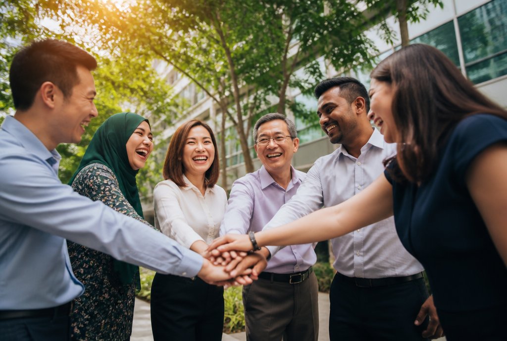 A multi-racial team stacking their hands together