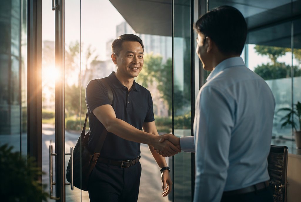 A warm welcome handshake on the first day of a new role