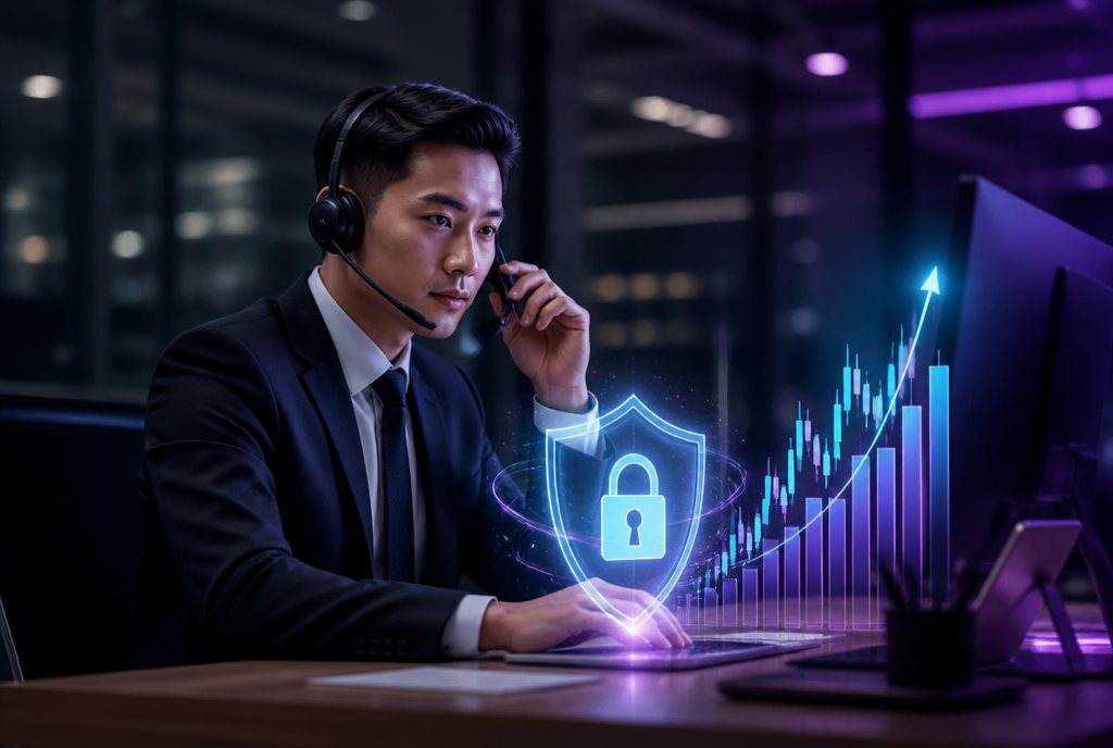 A financial-services agent on a secure banking call with holographic security shield