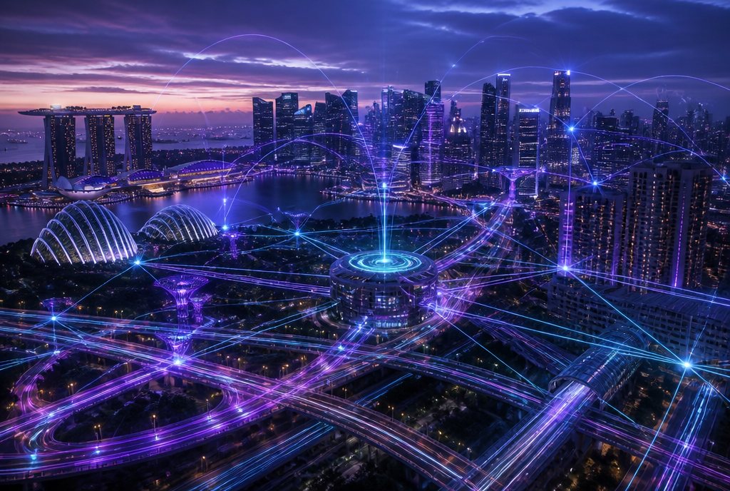 The Singapore skyline connected by a glowing smart-city network