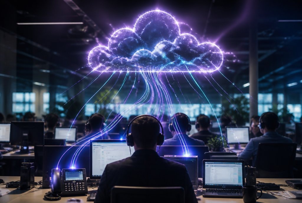A luminous cloud linking communication streams to contact-centre workstations