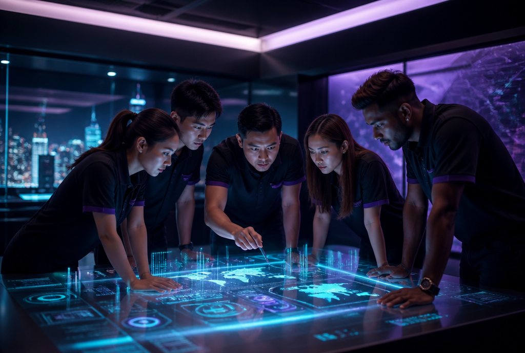 A dedicated Connect Centre team huddled around a single client dashboard