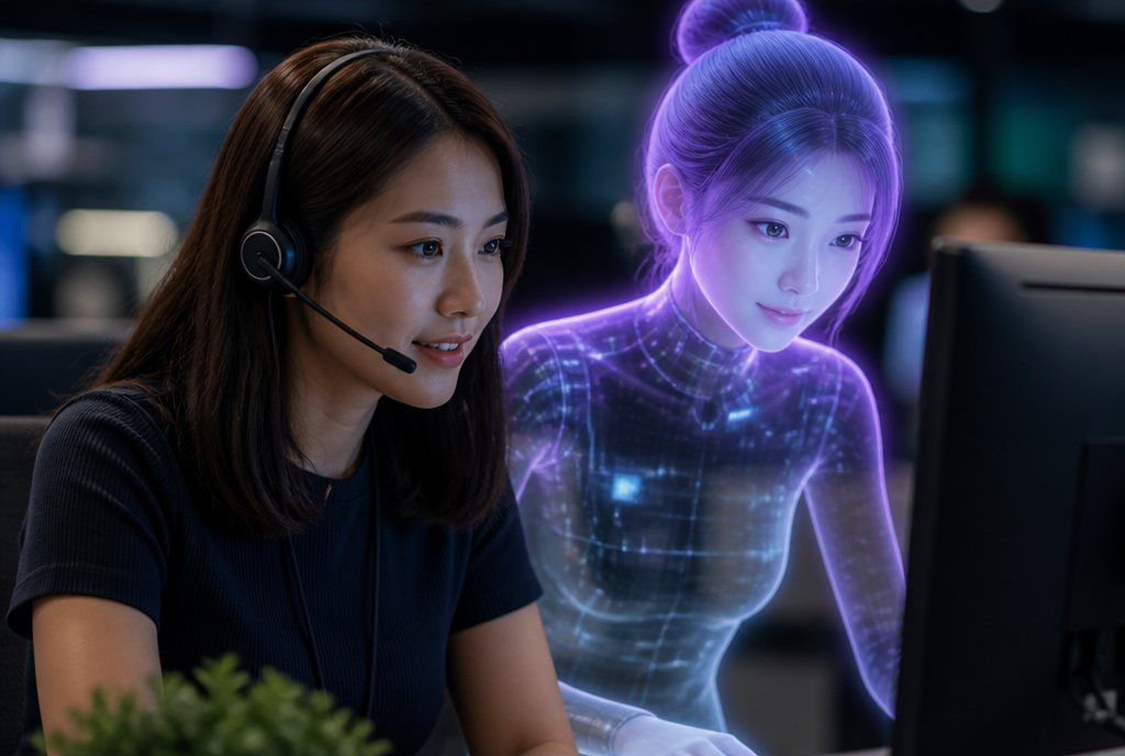 A Connect Centre agent working side by side with a holographic AI assistant