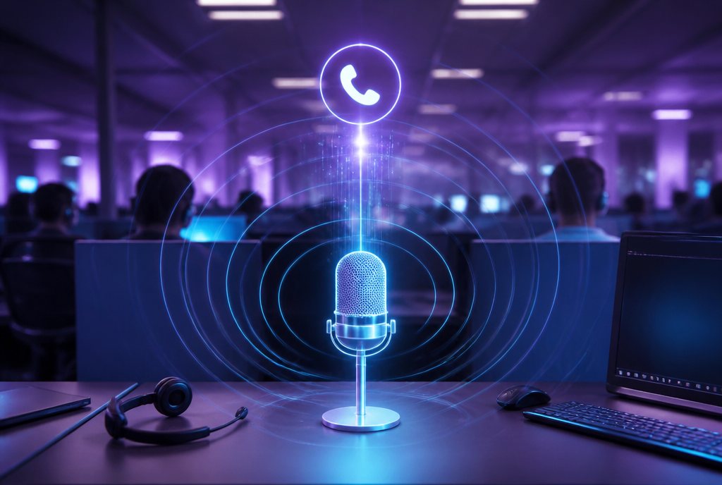 Soundwave rings radiating from an AI voice assistant answering a call